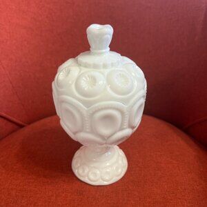 Vintage Moon and Stars Milk Glass Compote Jar with Lid - LE Smith 1960s